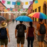 Turistas caminando bajo la lluvia en un destino cultural mexicano durante el verano