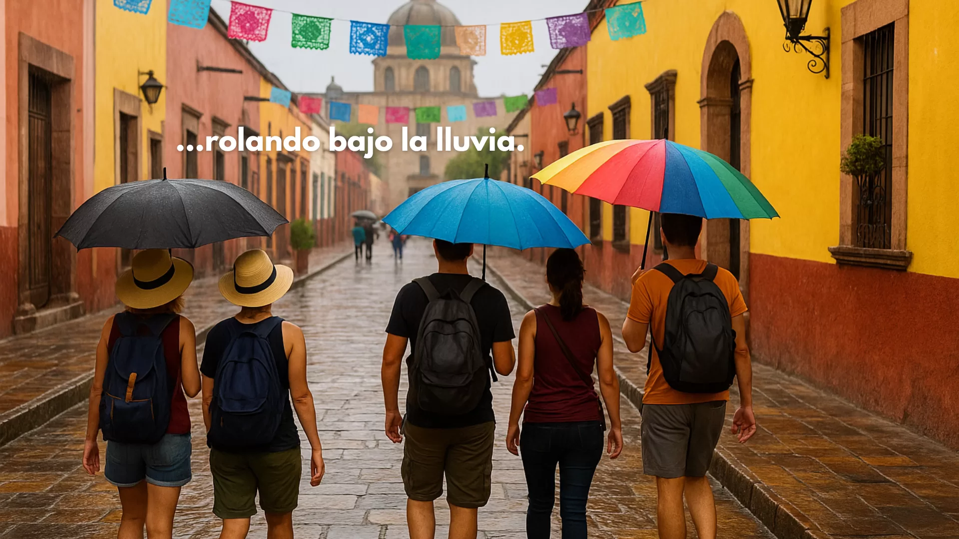 Turistas caminando bajo la lluvia en un destino cultural mexicano durante el verano